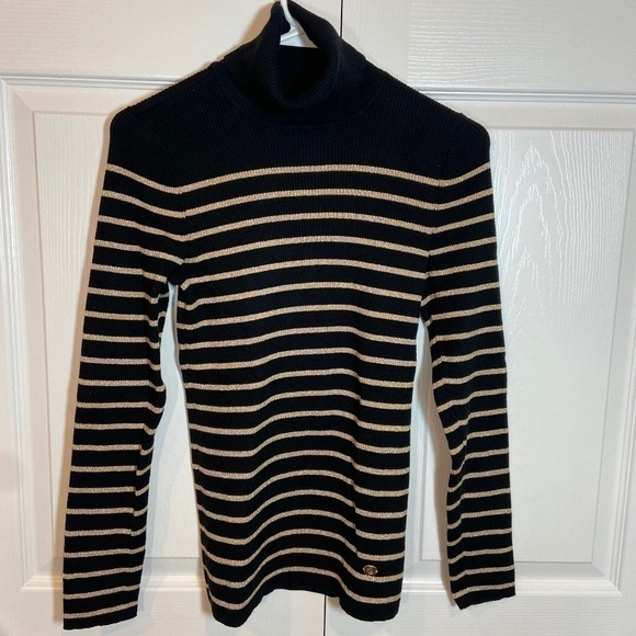 Lauren Ralph Lauren Women's Black and Gold‎ Ribbed Turtleneck Sweater Size M - Picture 1 of 7